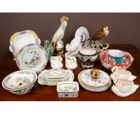 To include a white glazed pottery cockerel; a porcelain cockatoo; a porcelain bird of prey; four ceramic pots modelled as swa