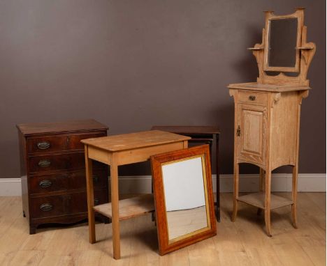 The lot consistnig of a pine occasional table, a limed elm shaving stand, a part nest of tables, a wall mirror, and a commode