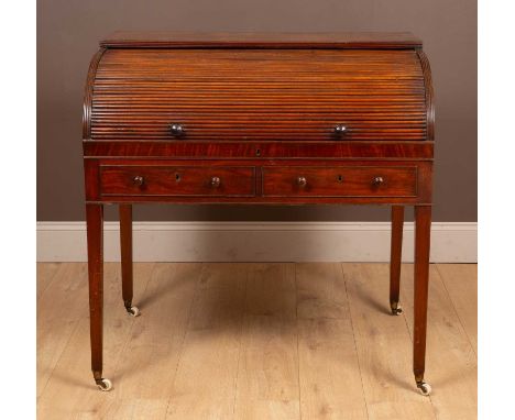 With pullout rising writing surface, drawers and pigeon holes, and two drawers with turned knob handles beneath. All standing