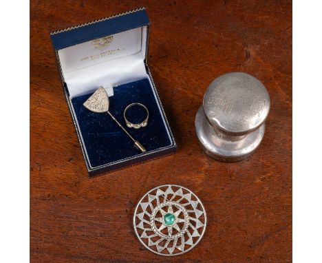 The lot to include a silver ring set with a hardstone in a sterling silver case of Eton College interest; a tie pin decorated