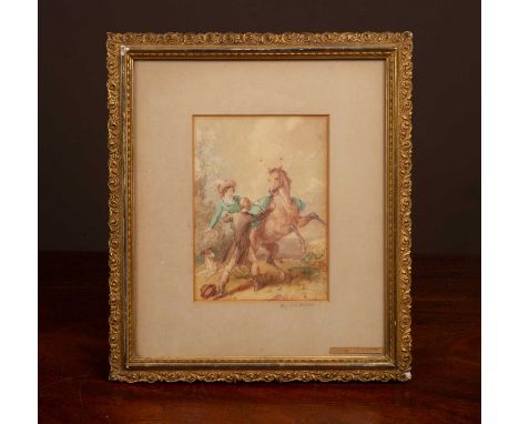 A lady thrown from her horse, watercolour on paper, signed to the mount.21cm x 15cm40Qty: 60Notable toning and mount burn. Li
