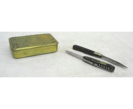 A Queen Mary Christmas tin and two (2) vintage penknives