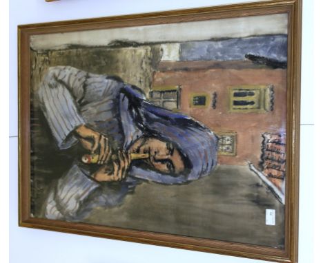 A watercolour study depicting a figure playing a pipe with street scene beyond 