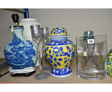 A GROUP OF LAMP BASES, GLASS LIGHT SHADES, CANDLE HOLDERS, etc, comprising two coloured leaded glass light shades, both yello