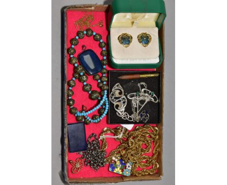 A BOX OF JEWELLERY, to include a gem set pendant necklace, the pendant of an openwork design set with moonstone and blue past