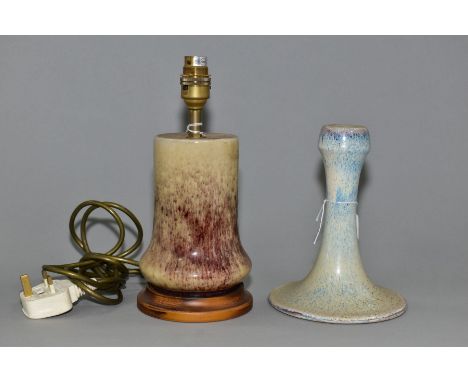 A COBRIDGE STONEWARE TABLE LAMP AND CANDLESTICK, both high fired, the table lamp of cylindrical form with bulbous base, mount
