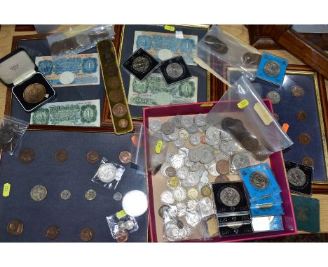 A BOX LID OF MAINLY UK COINAGE, to include two George III silver 3d coins 1762-1763, 1897 shilling, 1889 crown, a German whit