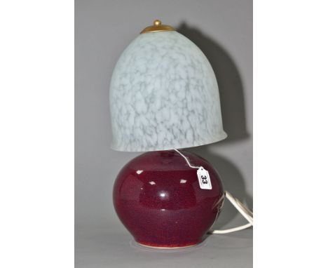 A STUDIO POTTERY TABLE LAMP PROBABLY BY DARTINGTON POTTERY, globular form, with a high fired speckled blue and sang de boeuf 