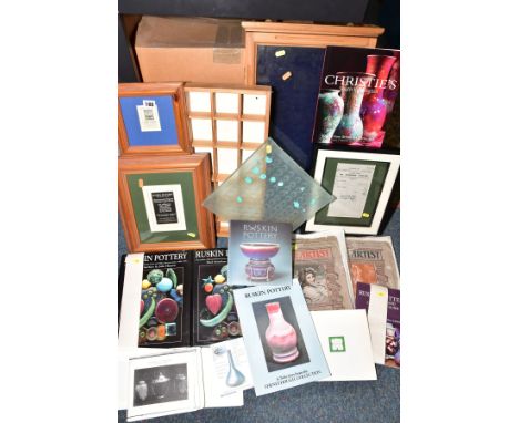 RUSKIN BOOKS, EPHEMERA AND DISPLAY CASE, etc, book comprise two copies of Ruskin Pottery by Paul Atterbury and Ruskin Pottery