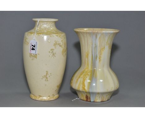 TWO CRYSTALLINE GLAZE POTTERY VASES, the first of baluster form is unmarked, approximate height 21cm, the second is of shaped