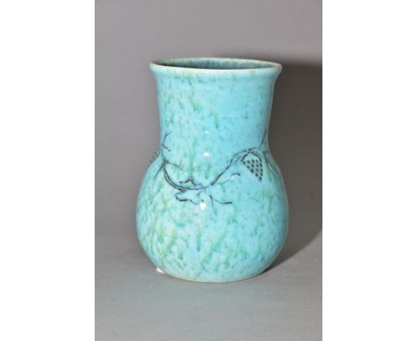 RUSKIN POTTERY, a turquoise and green crystalline glaze vase of globe and shaft form with an underglazed band of fruit and vi