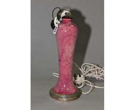 RUSKIN POTTERY, a high fired meiping shape lamp base on a silver plated stand, the vase is covered in a crushed strawberry gl