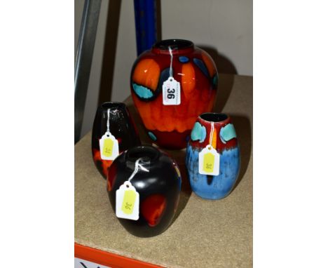 FOUR MODERN POOLE POTTERY VASES, two of baluster form and two of inverted tapering flattened form, all bearing painted decora