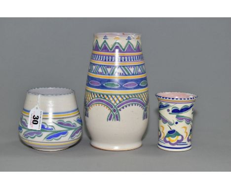 THREE PIECES OF CARTER, STABLER, ADAMS POOLE POTTERY, comprising a squat baluster vase, IFK, decorated with stylised leaves b