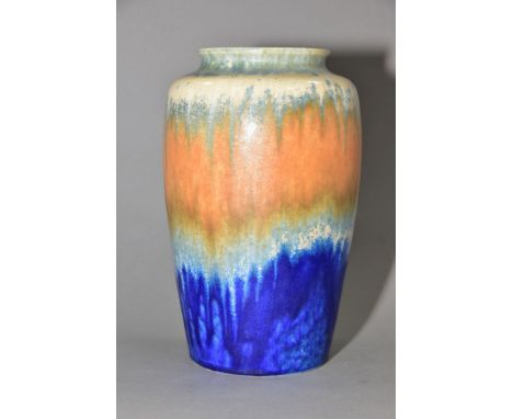 RUSKIN POTTERY, a 261 shape vase of high shouldered form, having green, orange and blue crystalline glazes over a cream gloss