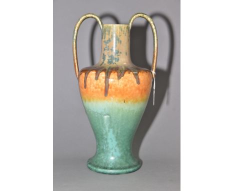 RUSKIN POTTERY, a number 9 shape twin handled vase, crystalline matt and gloss glazes, signed W. Howson Taylor, impressed Rus