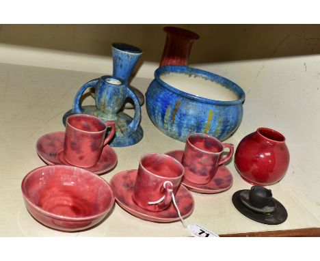 A GROUP OF ASSORTED ART POTTERY INCLUDING BURMANTOFTS, BRETBY AND BARON, etc, comprising three Baron coffee cans and saucers 