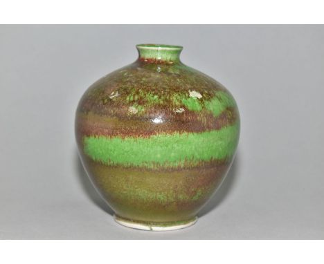 A COBRIDGE STONEWARE HIGH FIRED OVOID VASE, mottled brown/green ground with lighter green bands, impressed marks to the base 