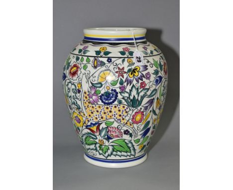 A LARGE POOLE POTTERY PERSIAN DEER PATTERN BALUSTER VASE, bears label for 'Albert. E. Wade Collection Sotheby's 2002' to the 