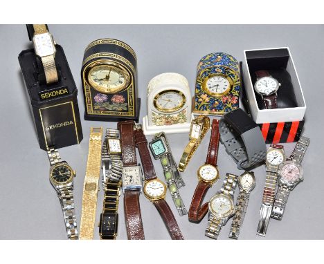 A BOX OF MOSTLY LADIES QUARTZ WRISTWATCHES, etc, including a boxed Sekonda, a grey Fitbit, a gold plated Rotary, etc