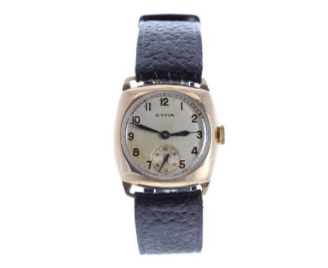 Cyma 9ct cushion cased wristwatch, Chester 1941, silvered dial with Arabic numerals and subsidiary seconds, 15 jewels, no. 57