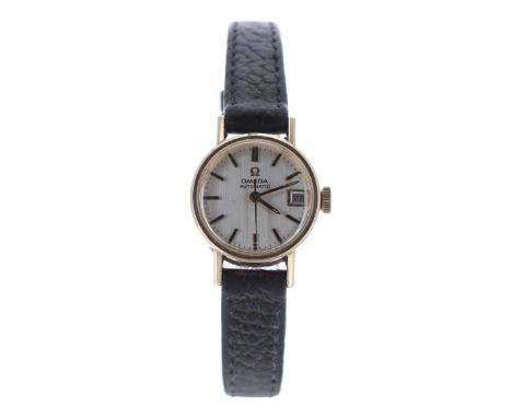 Omega automatic 9ct lady's wristwatch, silvered dial with baton markers, sweep centre seconds and date aperture, black leathe