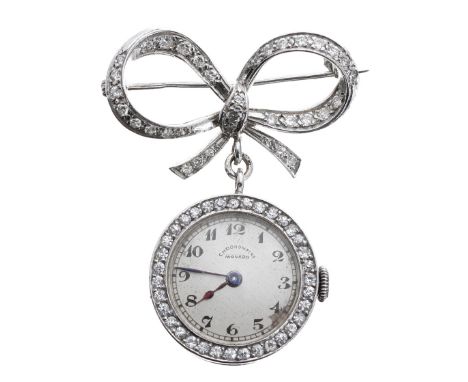 Movado attractive platinum diamond set fob watch on a bow brooch, signed silvered dial with Arabic numerals, 15 jewel movemen