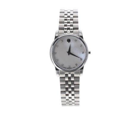 Movado Museum stainless steel lady's bracelet watch, ref. 07.3.14.1143, circular mother of pearl dial with diamond hour marke