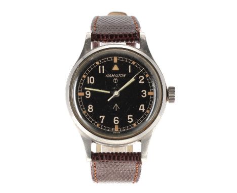 Hamilton British Military RAF Pilot's issue wristwatch, signed black dial with Military arrow and circled T, Arabic numerals,