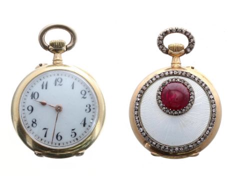 Attractive H. Moser &amp; Cie 18k miniature diamond, enamel and ruby set fob watch, gilt frosted lever bar movement, signed c