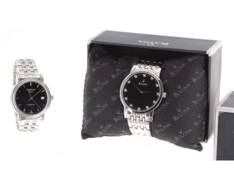 Tissot 1853 automatic stainless steel gentleman's bracelet watch, ref. C363/463, black dial with date aperture, 35mm; Bulova 