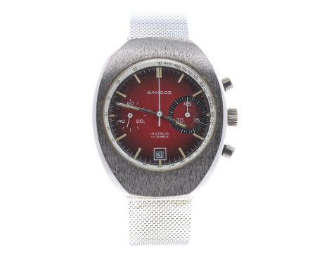 Sandoz chronograph stainless steel gentleman's bracelet watch, deep red dial with chronograph centre seconds, twin dials and 