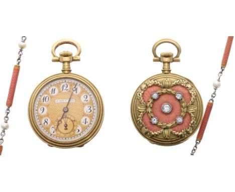 Very attractive Le Roy &amp; Fils 18k and enamel diamond set fob watch with a matching necklace, cylinder lever movement bran