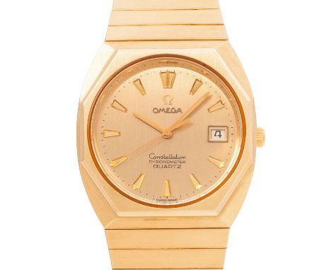 OMEGA Vintage Constellation Herrenuhr, Ref. 398.8950. Gelbgold 18K. Quartz-Werk Kal. 1343, funktionsfähig. Champagnerfarbenes