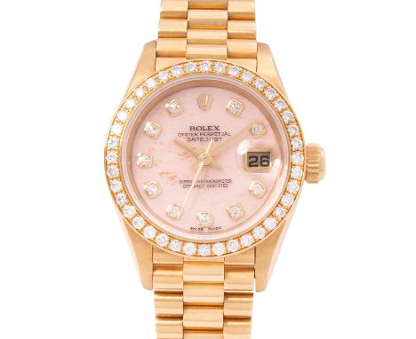 ROLEX seltene Lady Datejust 26 "Pink Opal Factory Diamonds", Ref. 69138. Full Set 2000. Gelbgold 18K, Lünette ab Werk besetzt