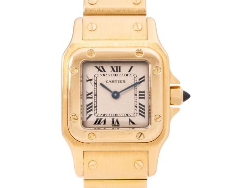 CARTIER Santos "Galbee" Damenuhr, Ref. 66930. Full Set 1987. Gelbgold 18K. Quartz-Werk, funktionsfähig. Elfenbeinfarbenes Zif