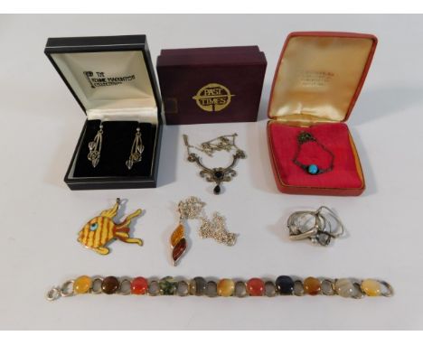 A quantity of mixed costume items including an Archibald Knox Pastimes set, an enamelled silver fish brooch &amp; a jewelled 