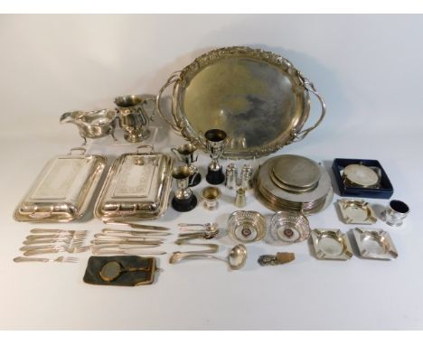 A quantity of mixed plated ware including an ornate tray, inscribed &amp; wear to plate, two antique silver plated tureens &a