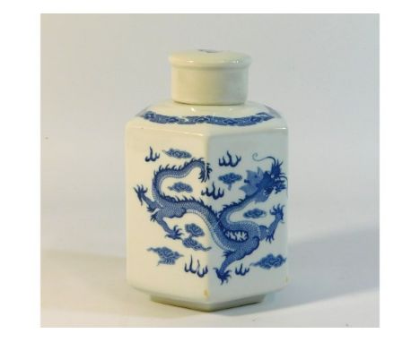 A Chinese hexagonal porcelain caddy with cover with dragon decor &amp; four character mark to base, 6.25in tall