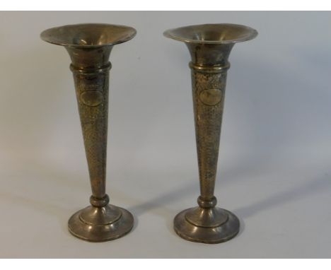 A pair of 1907 Walker &amp; Hall Chester silver posy vases with hammered decor, some misshaping, 604g inc. 10.5in tall