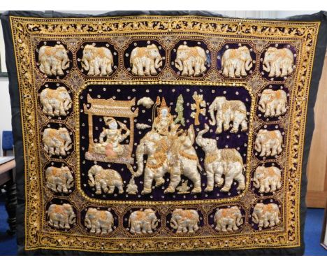 A decorative bejewelled Indian tapestry wall hanging with rod &amp; fixings, minor losses, 68in x 55in