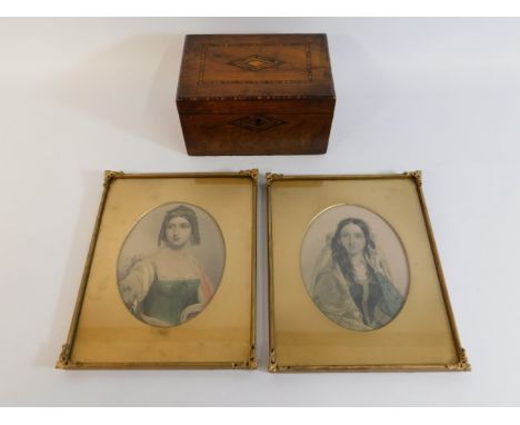 A pair of 19thC. gilt framed portrait prints, each 10in x 8in, twinned with an as found, antique tea caddy, 8in wide