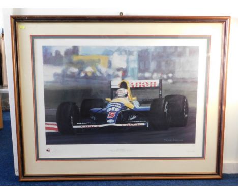 A large framed limited edition print of Nigel Mansell's Red Five William's titled "Out In Front", 484/1500, 43in x 34in inclu