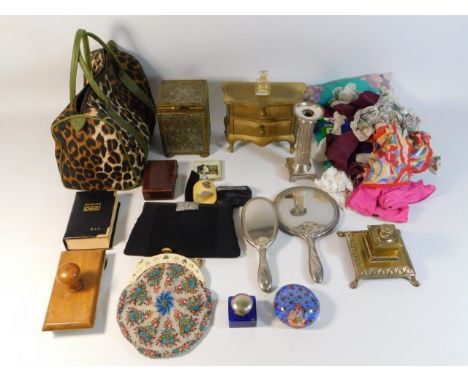 A bead work purse, a quantity of handkerchiefs including a number of silk, a small jewellery chest, a brass tea caddy, a bras