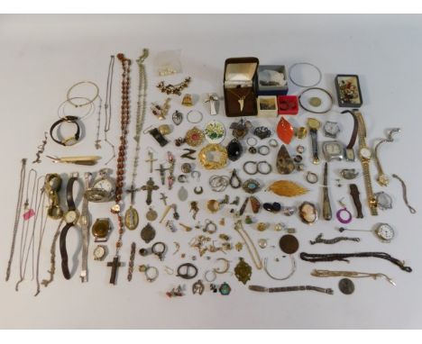 A quantity of mixed costume jewellery including silver necklaces, silver cross &amp; a silver 21st pendant