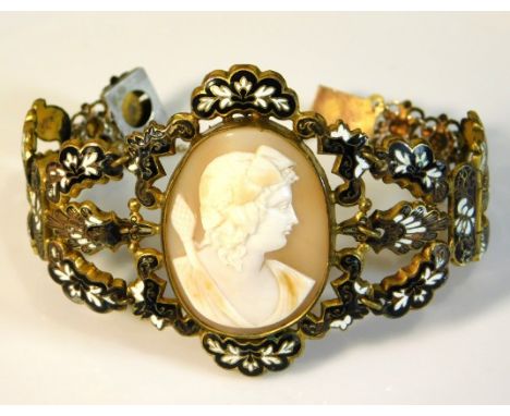A decorative silver gilt bracelet with enamelled decor &amp; cameo, 28.4g