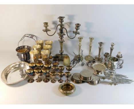 Six silver plated goblets twinned with a brass manilla converted ashtray &amp; other plated &amp; metal wares 