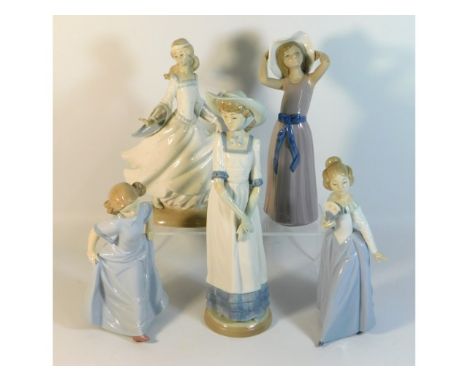 Two Lladro porcelain figures twinned with three Nao, tallest 12.5in