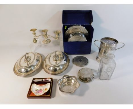 Two 19thC. silver plated tureens, a silver plated wine stand, a c.1800 Georgian decanter, lacking stopper, a 1978 Peel Ladies