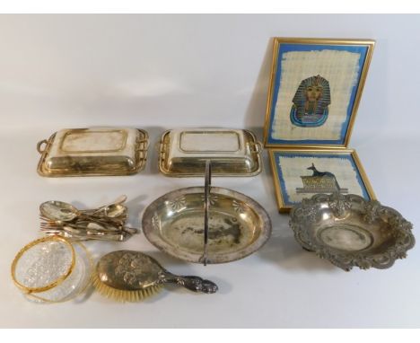 Two plated tureens, a silver backed hair brush &amp; other items